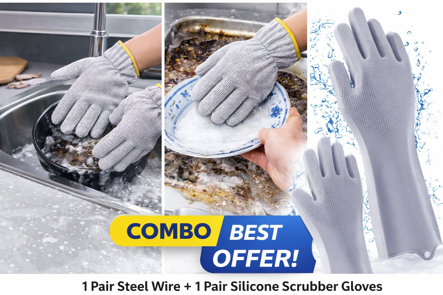 Dishwashing Gloves Combo – Steel Wire + Silicone (2 Pairs)
