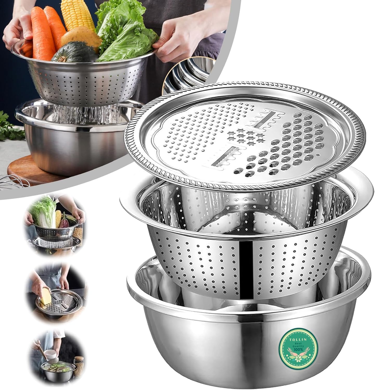 3 in 1 kitchen multipurpose stainless steel bowl